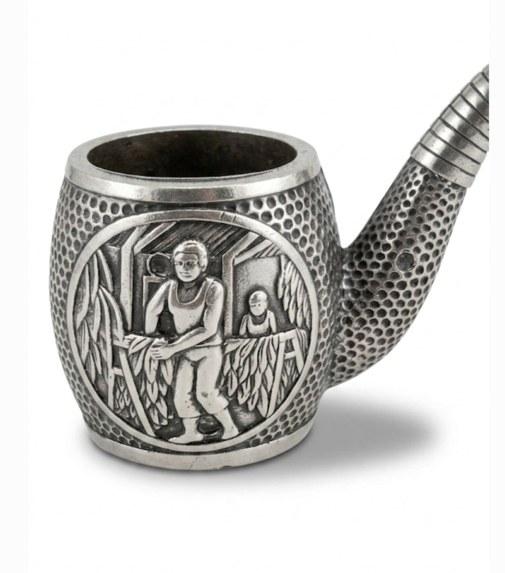 Vintage Pewter Tobacco-Themed Novelty Match Holder & Desk Cup