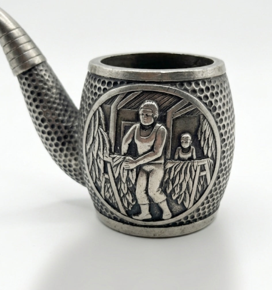 Vintage Pewter Tobacco-Themed Novelty Match Holder & Desk Cup